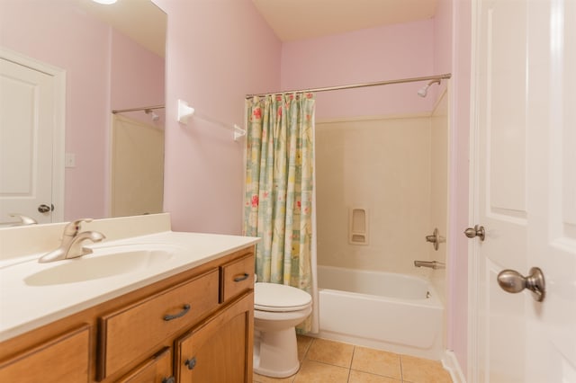 full bathroom with shower / tub combo with curtain, vanity, toilet, and tile patterned floors