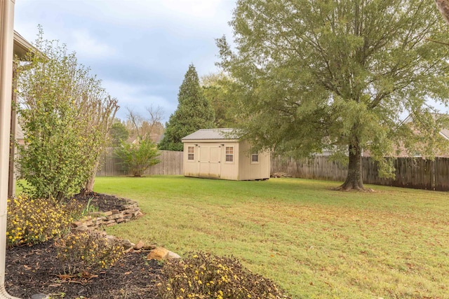 view of yard featuring a storage shed