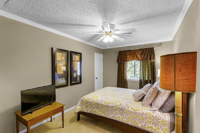 carpeted bedroom featuring ceiling fan, a textured ceiling, and ornamental molding