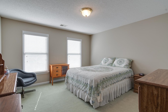 carpeted bedroom with a textured ceiling and multiple windows