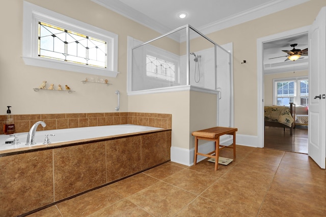 bathroom featuring ceiling fan, tile patterned floors, ornamental molding, and independent shower and bath