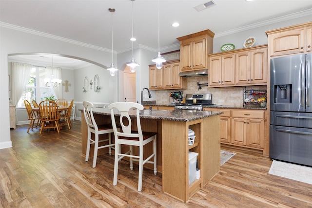 kitchen with light hardwood / wood-style flooring, an island with sink, appliances with stainless steel finishes, decorative light fixtures, and dark stone countertops