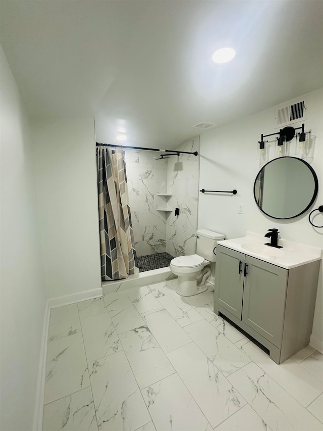 bathroom with a shower with curtain, vanity, and toilet