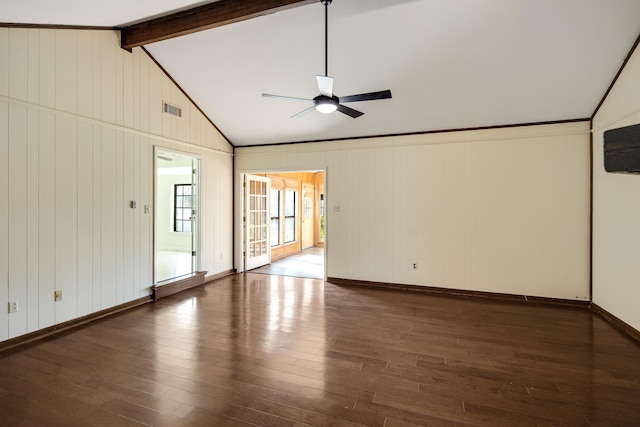 spare room featuring dark wood-type flooring, wood walls, high vaulted ceiling, ceiling fan, and beam ceiling