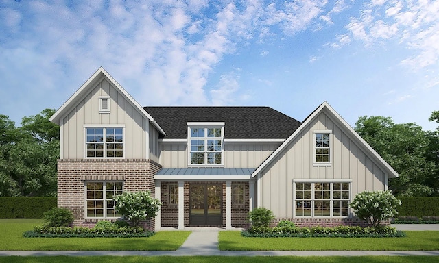 view of front of property with a standing seam roof, roof with shingles, board and batten siding, and brick siding