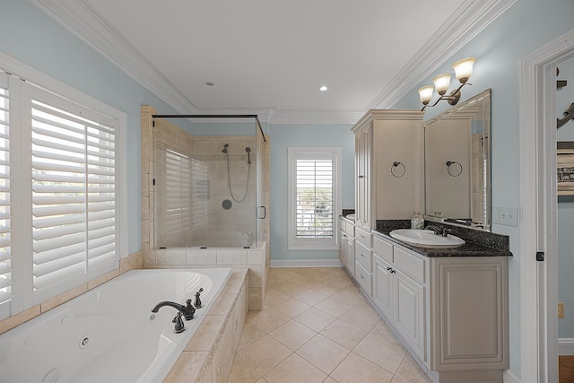 bathroom with ornamental molding, plenty of natural light, vanity, and plus walk in shower