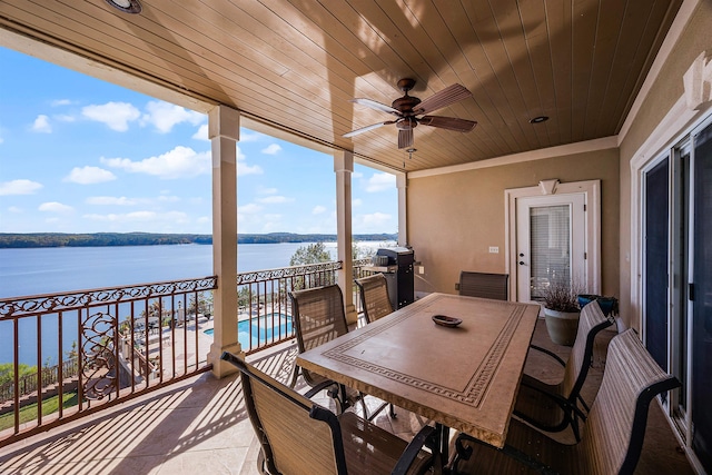 interior space featuring a water view, wooden ceiling, and ceiling fan