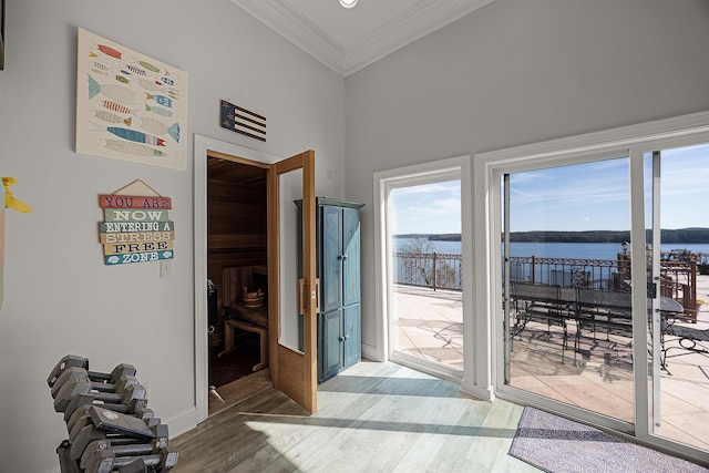 doorway to outside featuring a water view, hardwood / wood-style floors, ornamental molding, and a towering ceiling