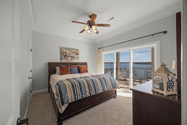 bedroom with a water view, access to exterior, carpet floors, ceiling fan, and crown molding