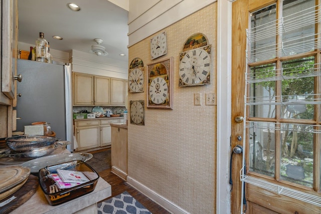 kitchen featuring dark hardwood / wood-style floors and white refrigerator