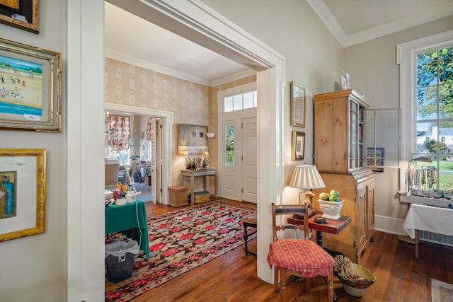 living area featuring ornamental molding and dark hardwood / wood-style flooring