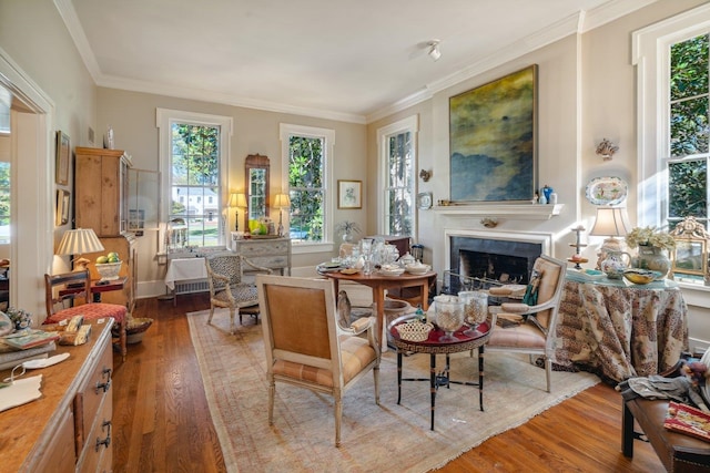 living area featuring plenty of natural light, wood-type flooring, and crown molding