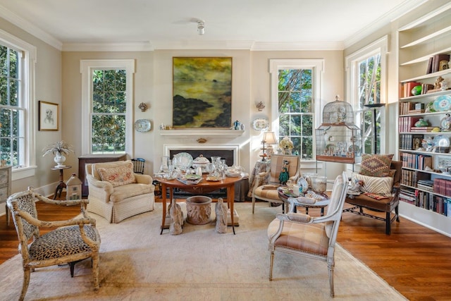 living area featuring wood-type flooring and crown molding