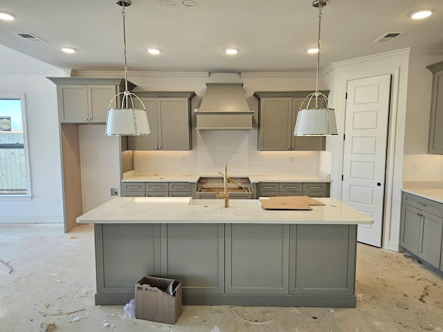 12064 Stromness Cv, Arlington, TN 38002 - kitchen featuring gray cabinets, unfinished concrete flooring, a sink, custom range hood, and crown molding
