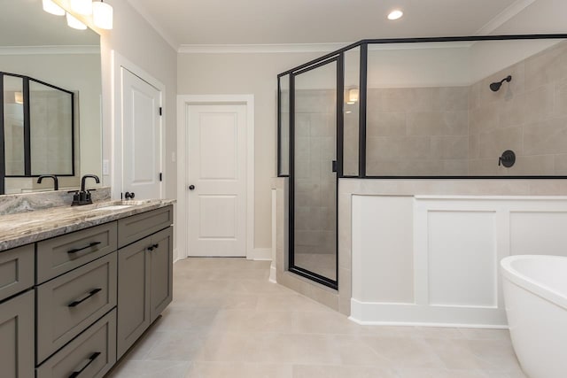 bathroom with plus walk in shower, vanity, and crown molding