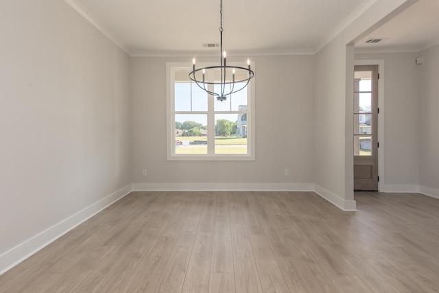 unfurnished dining area with ornamental molding, light hardwood / wood-style floors, a wealth of natural light, and a notable chandelier