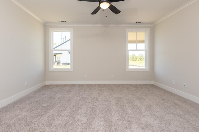 spare room featuring crown molding, plenty of natural light, and light carpet