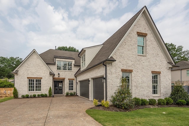 french country home with a garage and a front yard