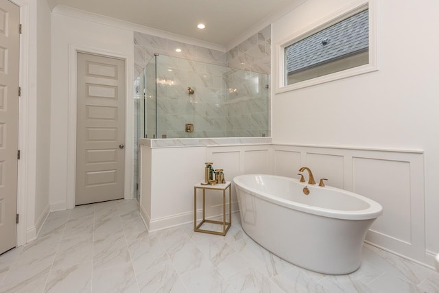 bathroom with independent shower and bath and crown molding