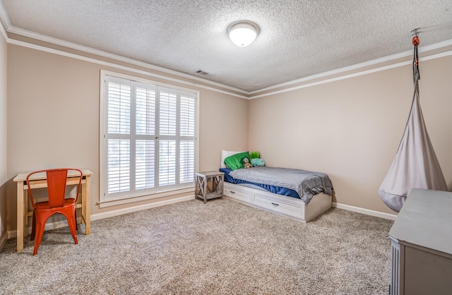 carpeted bedroom featuring crown molding and a textured ceiling