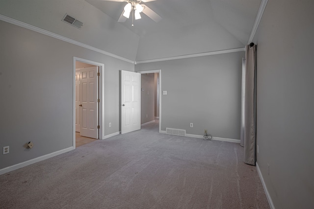 unfurnished bedroom with vaulted ceiling, ceiling fan, and light colored carpet