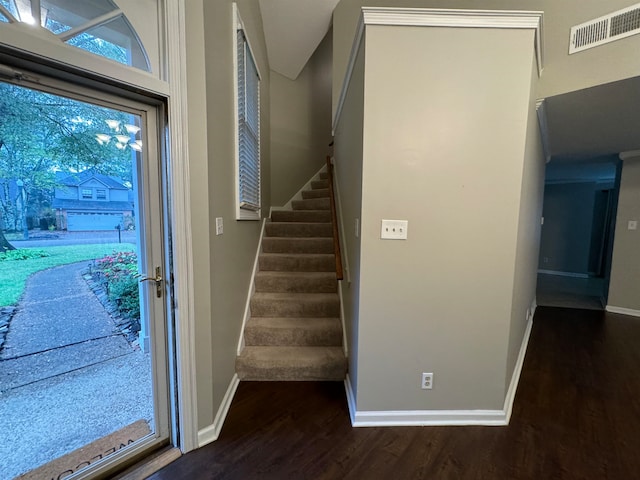 stairway with hardwood / wood-style flooring