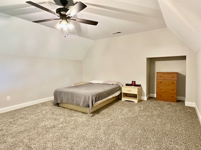 bedroom featuring carpet flooring, ceiling fan, and lofted ceiling