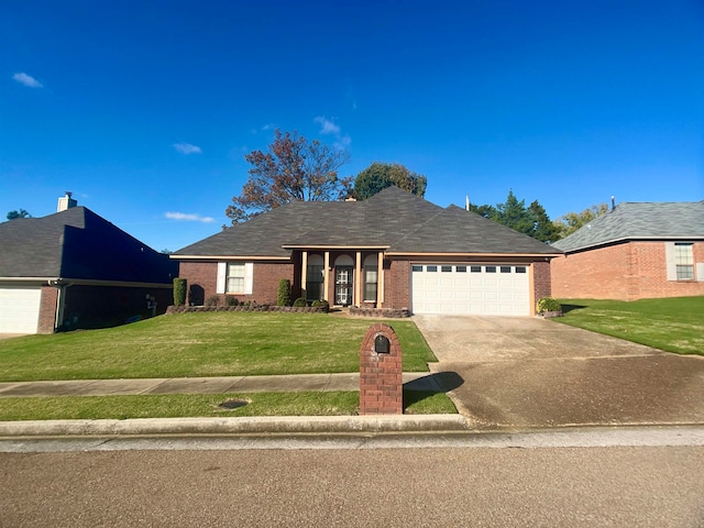 ranch-style house with a garage and a front yard