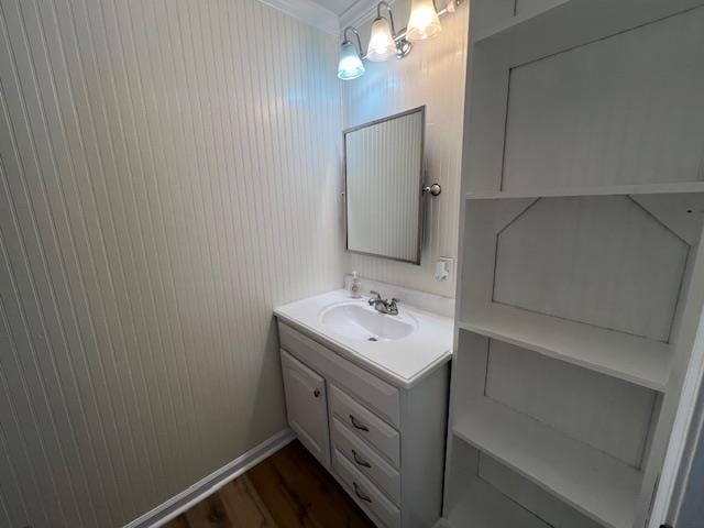 bathroom featuring vanity and wood-type flooring