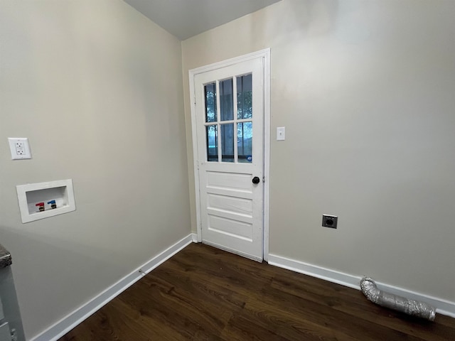 clothes washing area with hookup for an electric dryer, dark wood-type flooring, and hookup for a washing machine