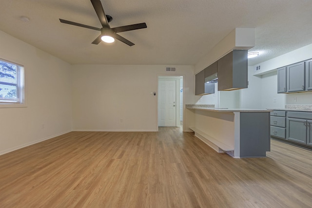 3474 Grey Bark Dr, Memphis, TN 38118 - kitchen with ceiling fan, light wood finished floors, light countertops, gray cabinets, and a peninsula