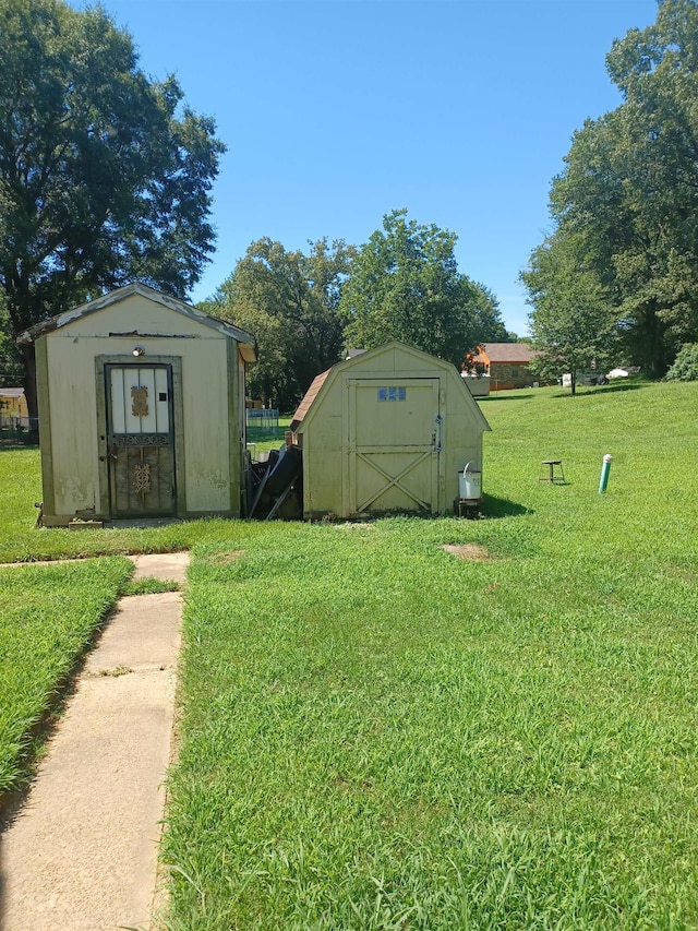 view of yard featuring a storage shed