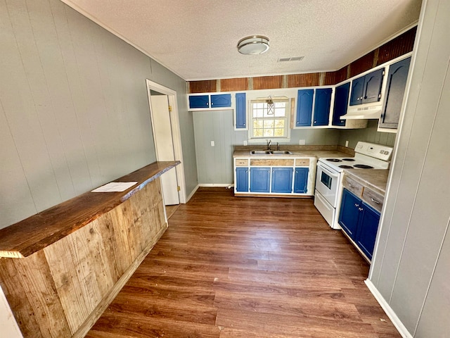 kitchen featuring white electric range oven, blue cabinets, wooden walls, sink, and dark hardwood / wood-style floors