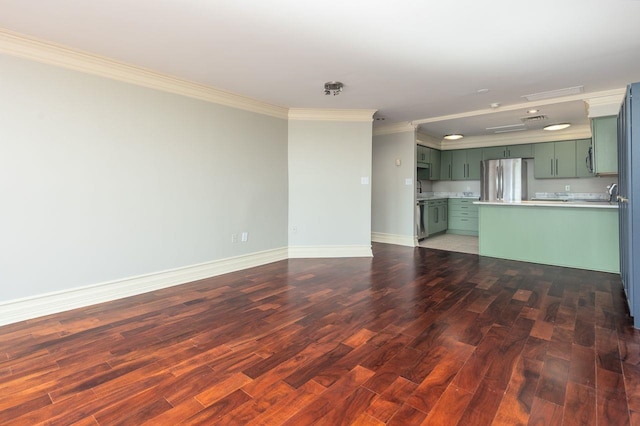 unfurnished living room with dark hardwood / wood-style floors and crown molding