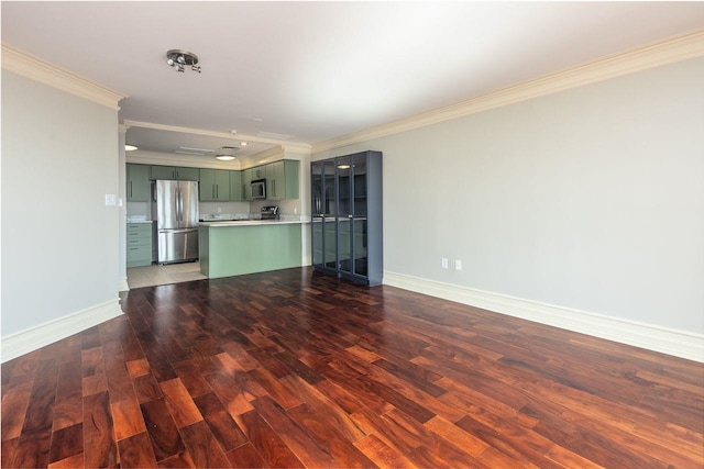 unfurnished living room with wood-type flooring and crown molding