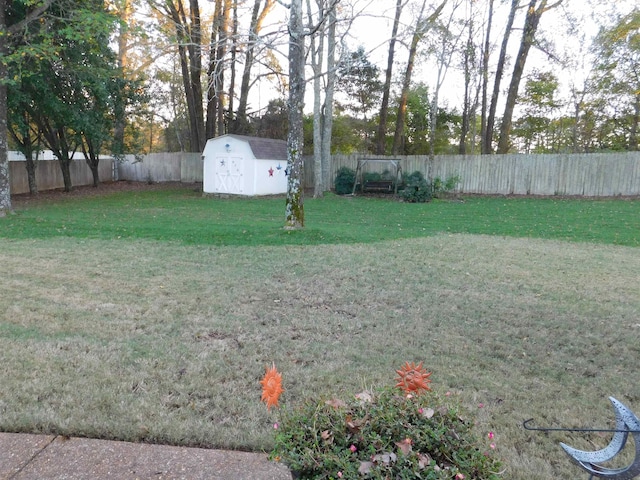 view of yard featuring a storage shed