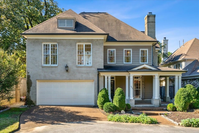 view of front of property featuring covered porch and a garage