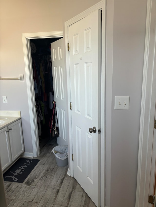 bathroom with hardwood / wood-style floors and vanity