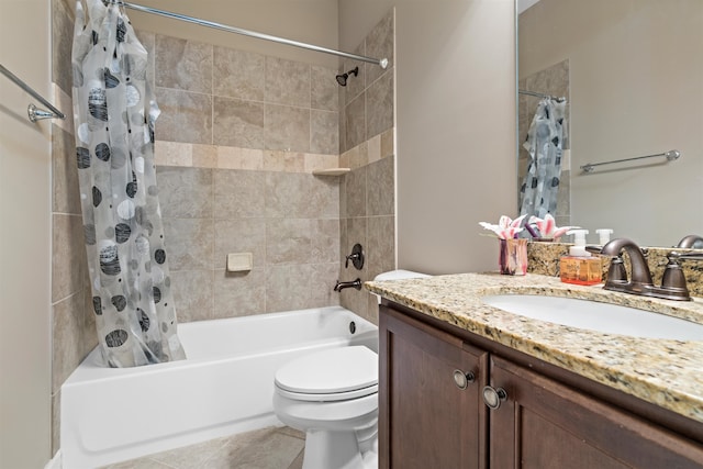 full bathroom with tile patterned flooring, shower / bath combination with curtain, toilet, and vanity