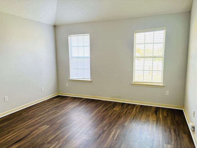 unfurnished room with a textured ceiling, a healthy amount of sunlight, and dark wood-type flooring