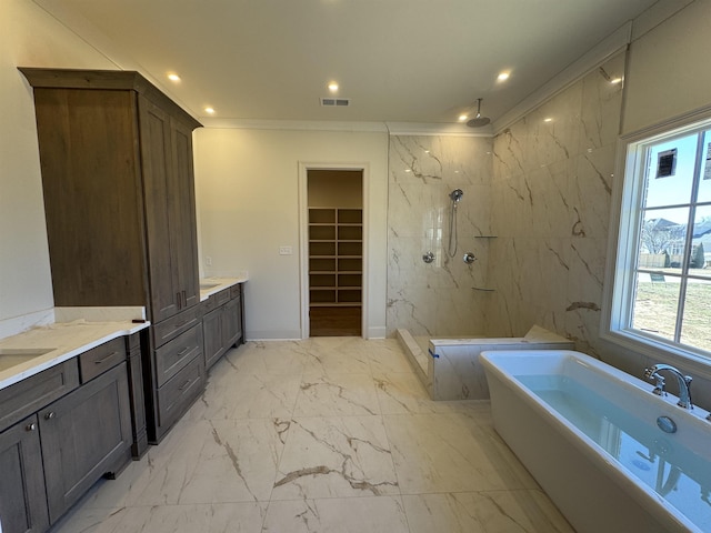 full bathroom featuring recessed lighting, visible vents, vanity, marble finish floor, and a marble finish shower