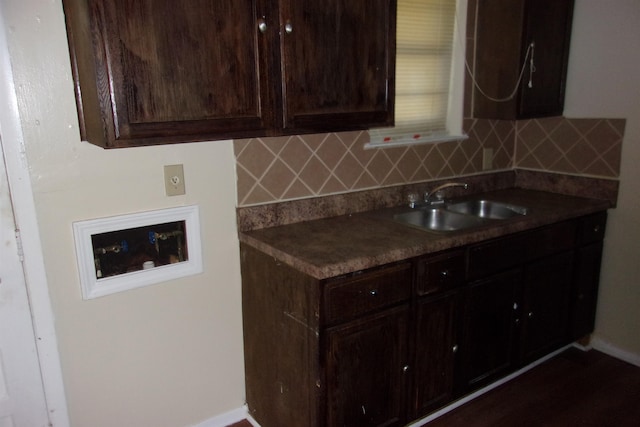 kitchen featuring backsplash, dark brown cabinetry, and sink