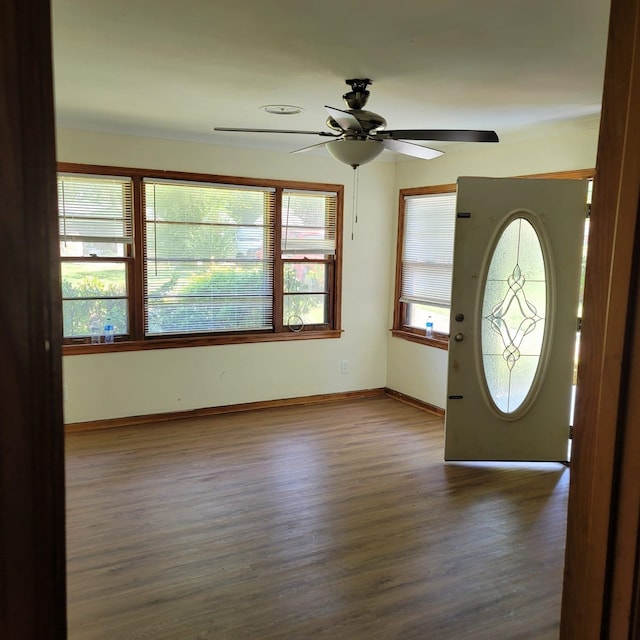 entrance foyer with dark hardwood / wood-style floors and ceiling fan