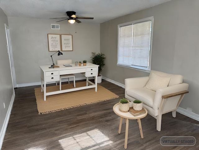 office featuring ceiling fan and dark wood-type flooring