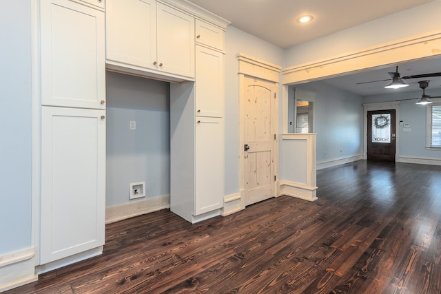 kitchen featuring white cabinets, dark hardwood / wood-style floors, and ceiling fan