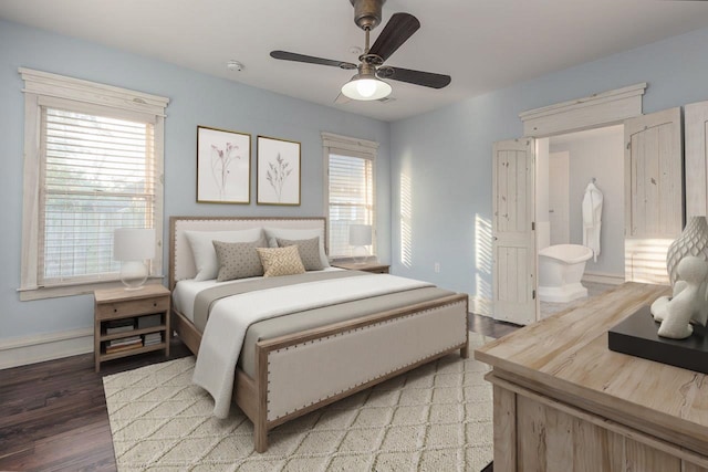 bedroom with ceiling fan and wood-type flooring