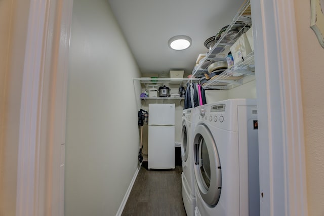 clothes washing area featuring separate washer and dryer and dark hardwood / wood-style floors