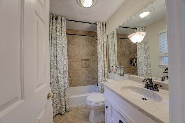 full bathroom featuring vanity, tile patterned flooring, toilet, a textured ceiling, and shower / tub combo with curtain