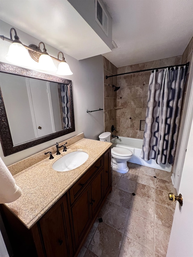 full bathroom with vanity, toilet, and shower / bath combo with shower curtain