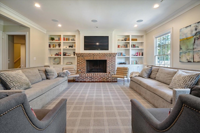 living room featuring built in features, ornamental molding, and a fireplace